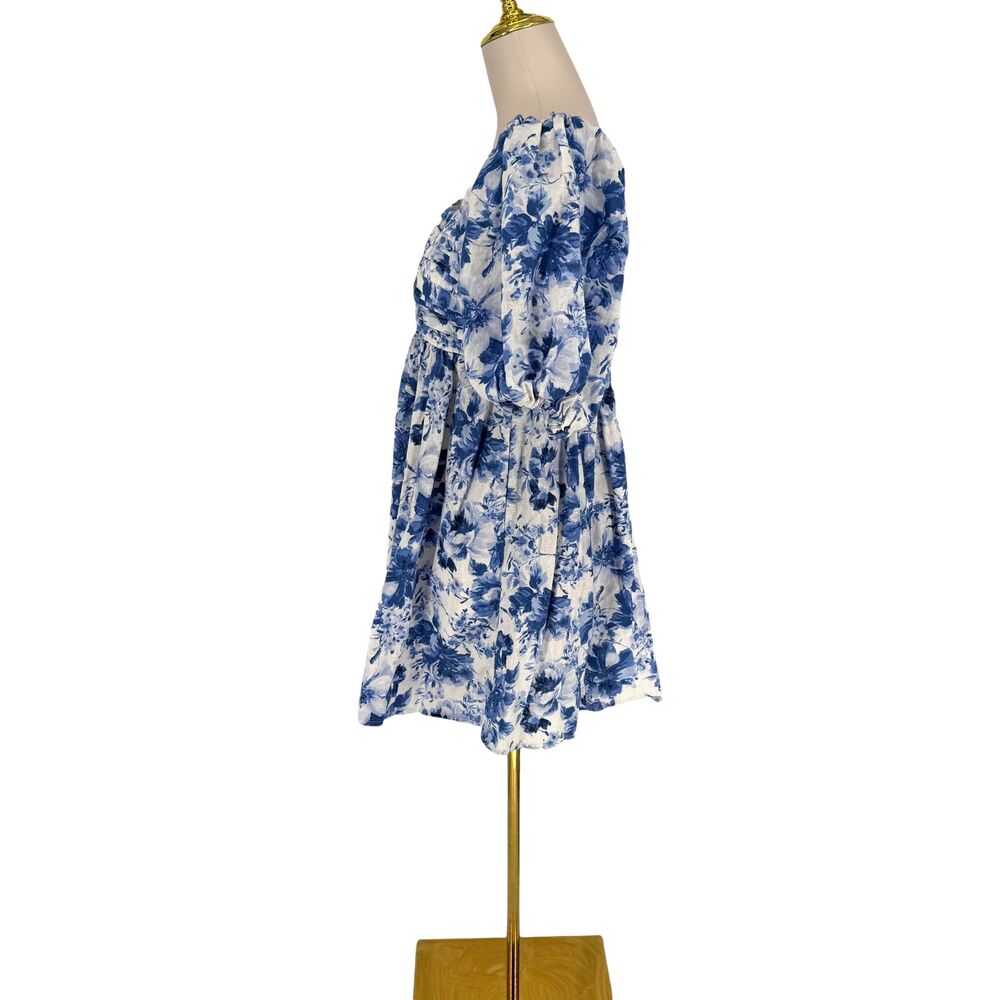 Abercrombie Emerson Mini Dress LP Petite Blue Floral Puff Sleeve Linen Pockets - Picture 5 of 13